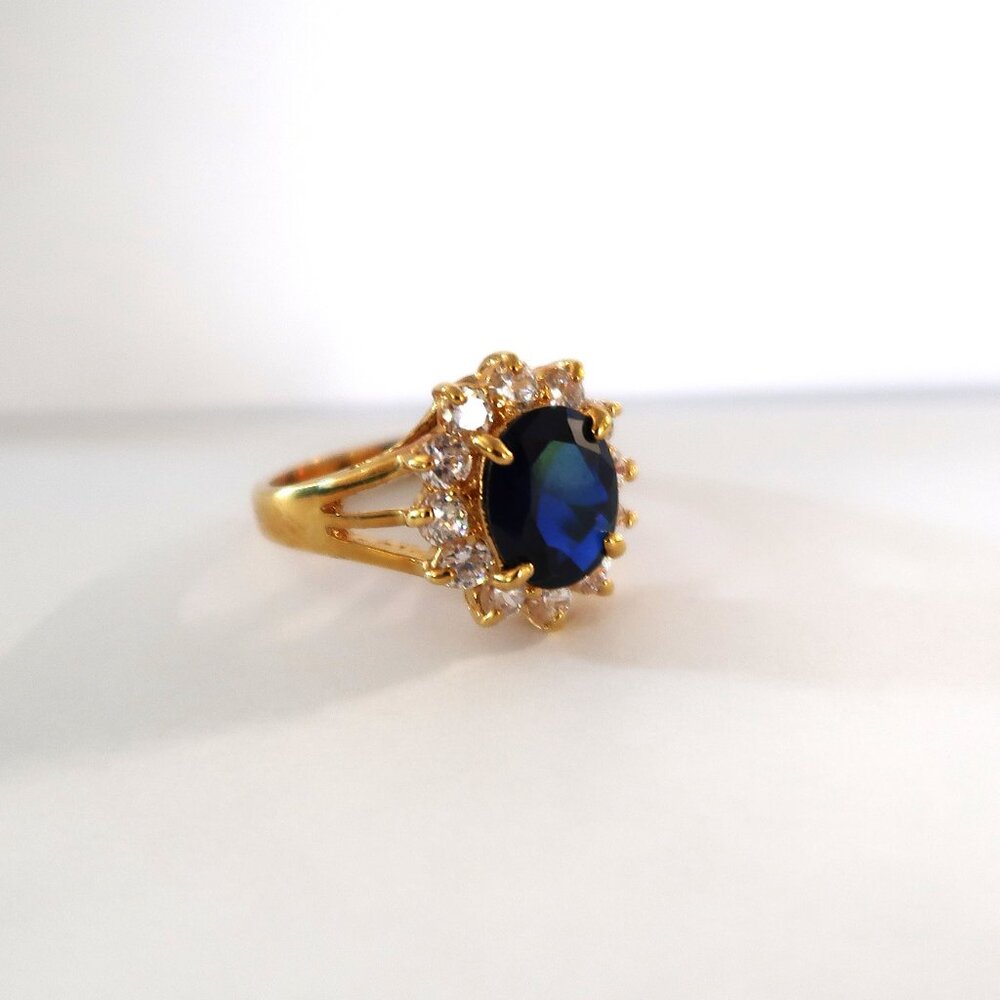 Mens 14K Gold Electroplate Ring Blue Center Stone White Accents Sz 8.75